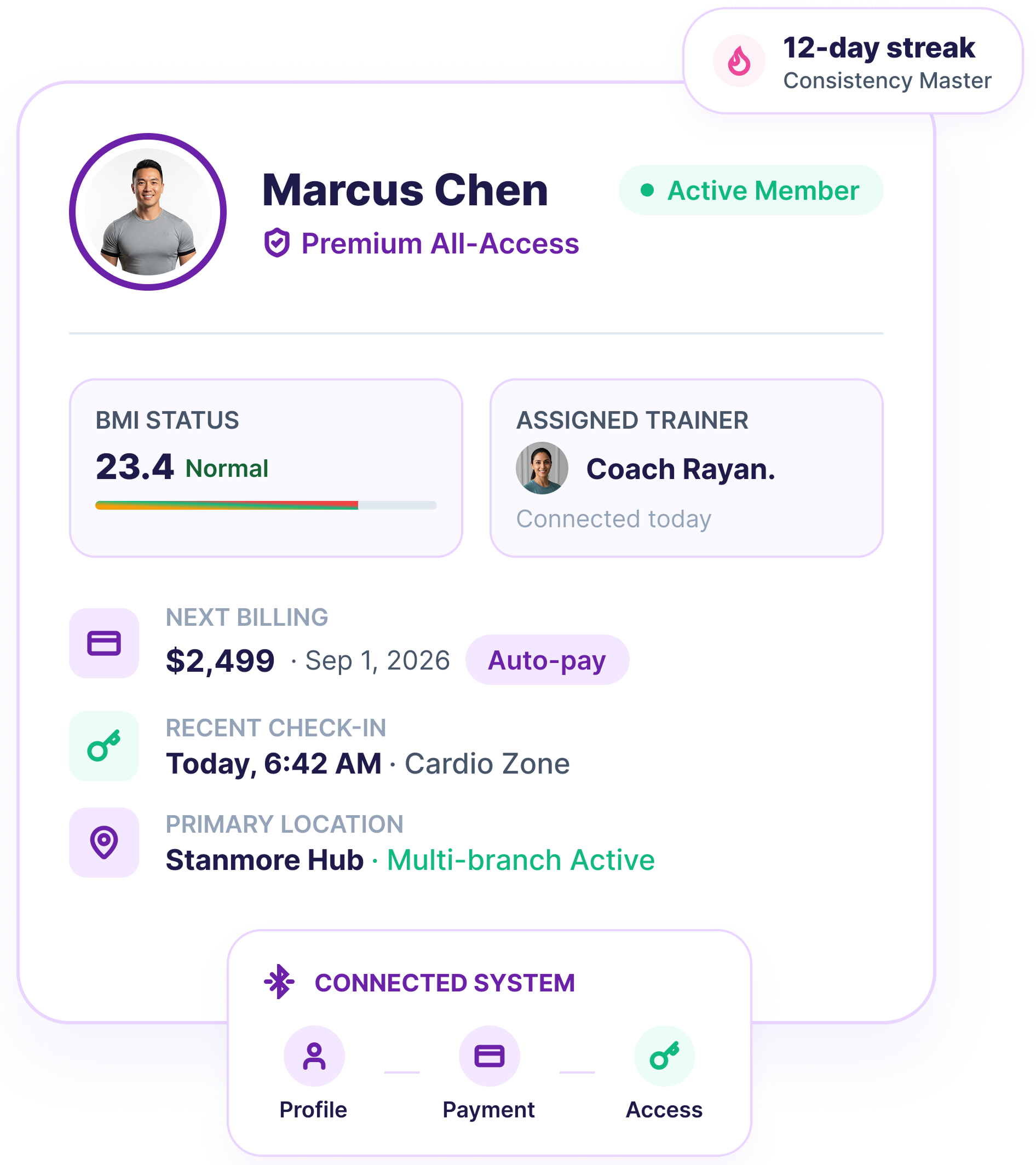 Fitness Marvel member profile with membership, billing, trainer, check-in, and branch details