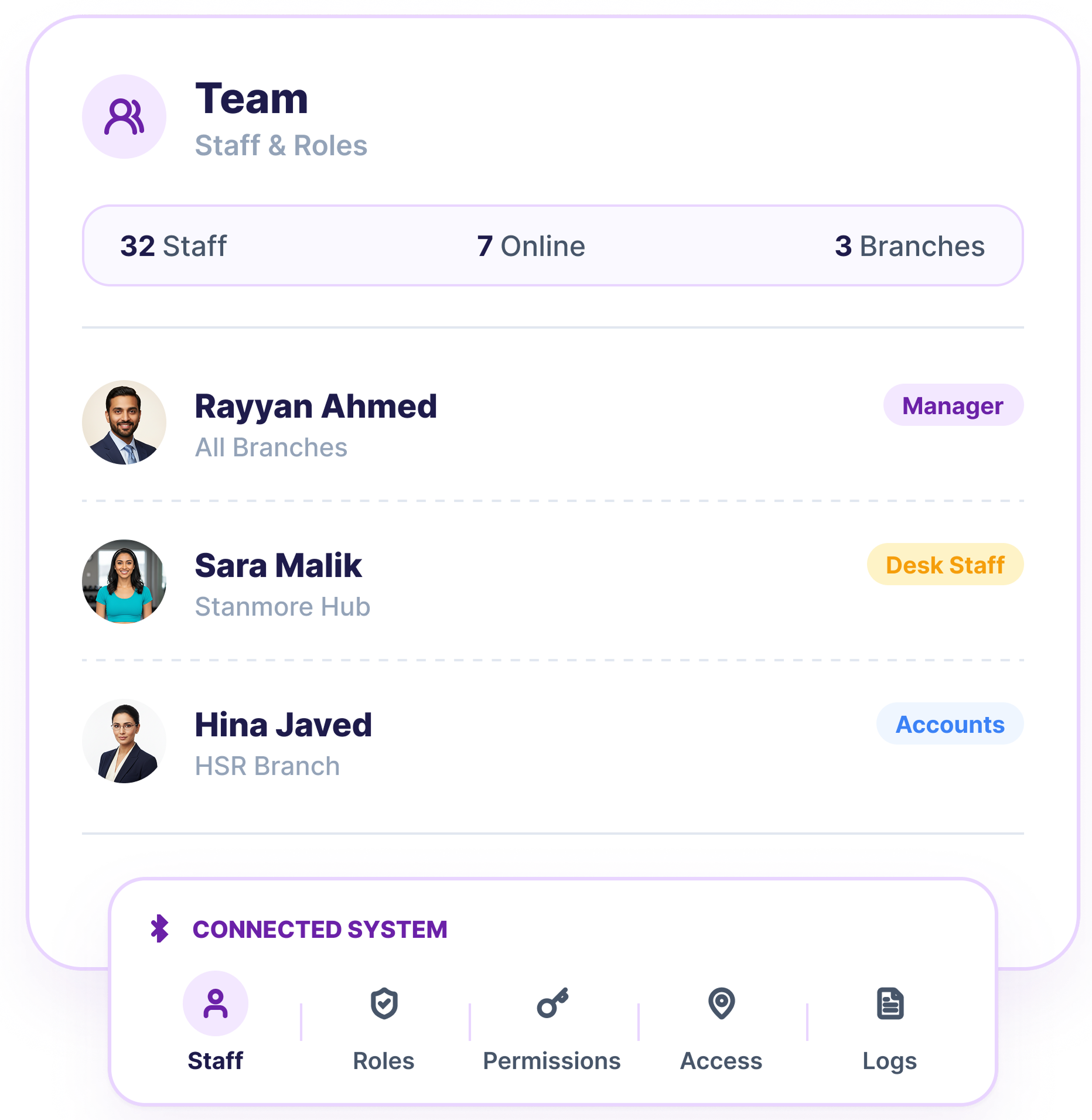 Fitness Marvel team, staff roles, and permission management card
